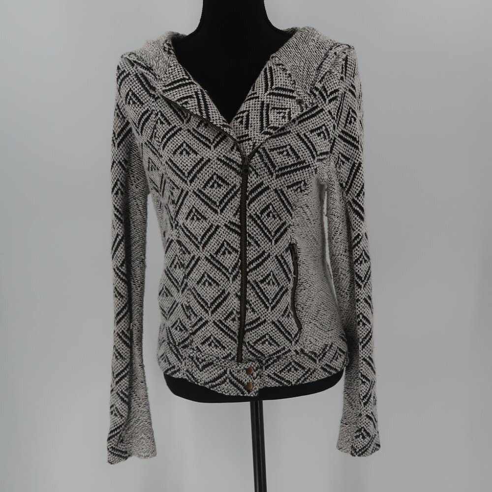 Lucky Brand Women's Gray Black Patterned Hooded Full Zip Sweater Size Medium